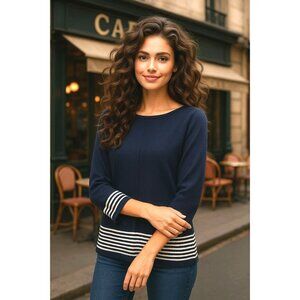 Carol Rose Petite PL Navy White Striped Sweater Nautical Knit Top Coastalcore